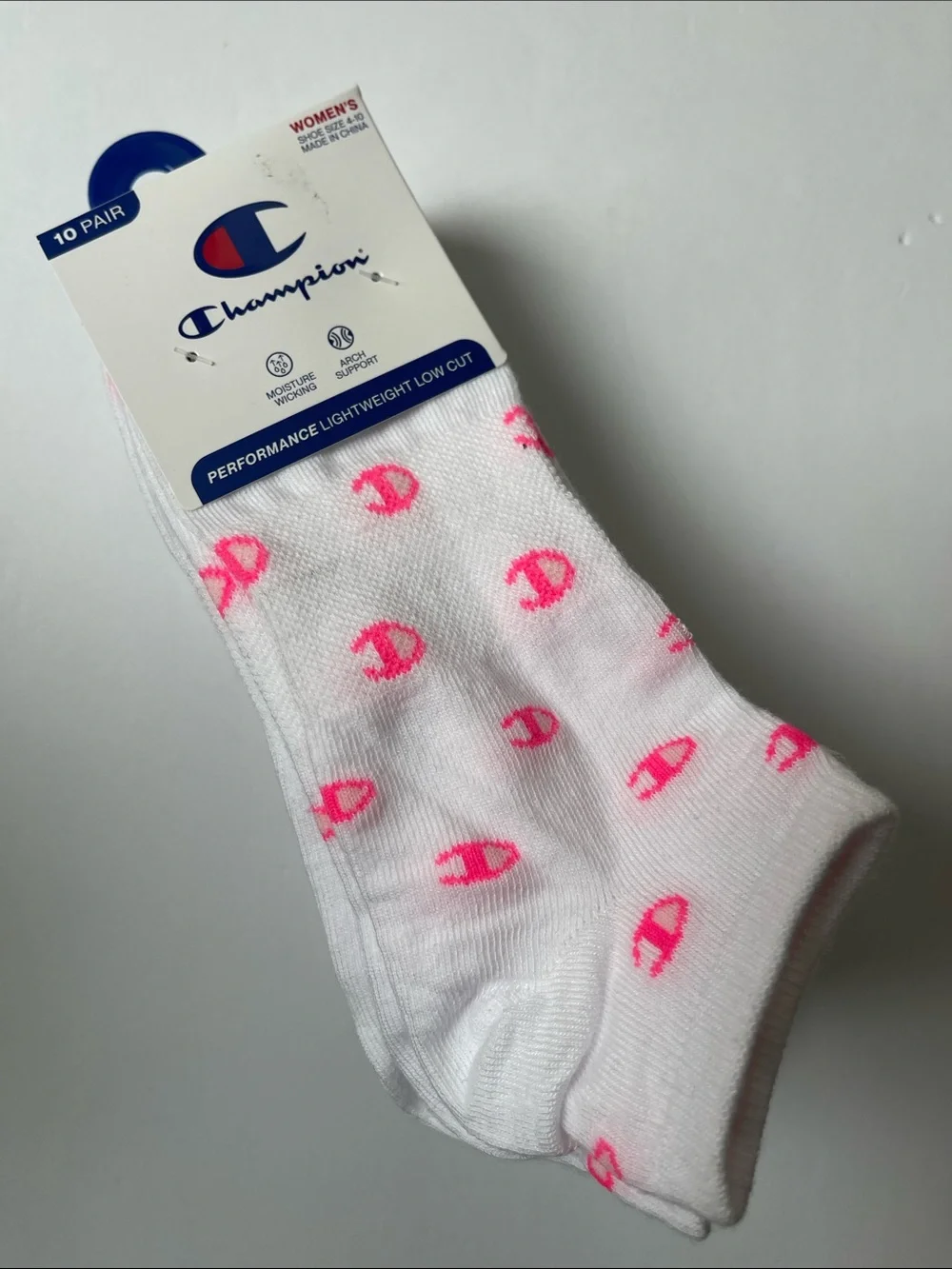 10 Pair Champion White/Multicolor Logo Lightweight‎ Low Cut Socks NWT